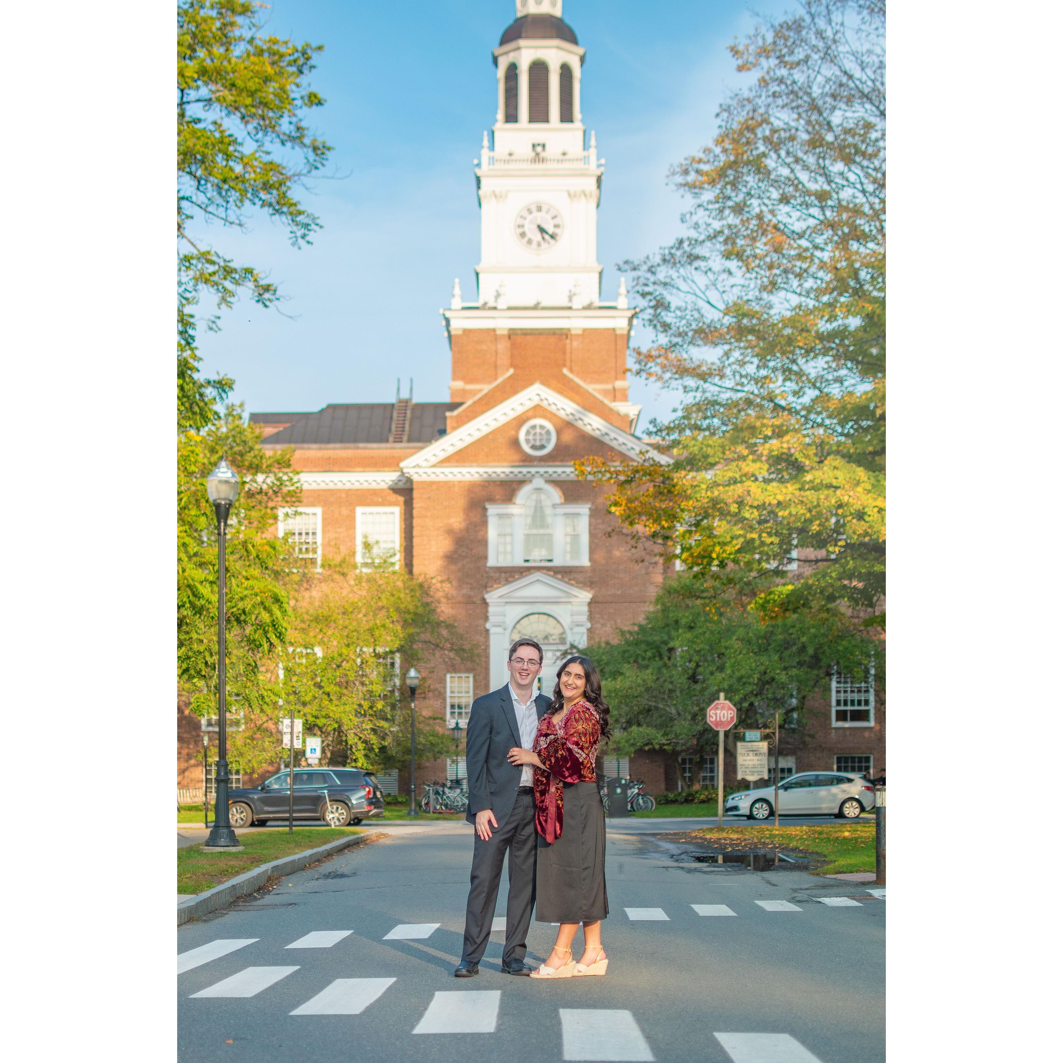 A photo from our engagement shoot. In the background is Baker-Berry Tower, the iconic center of Dartmouth's campus.