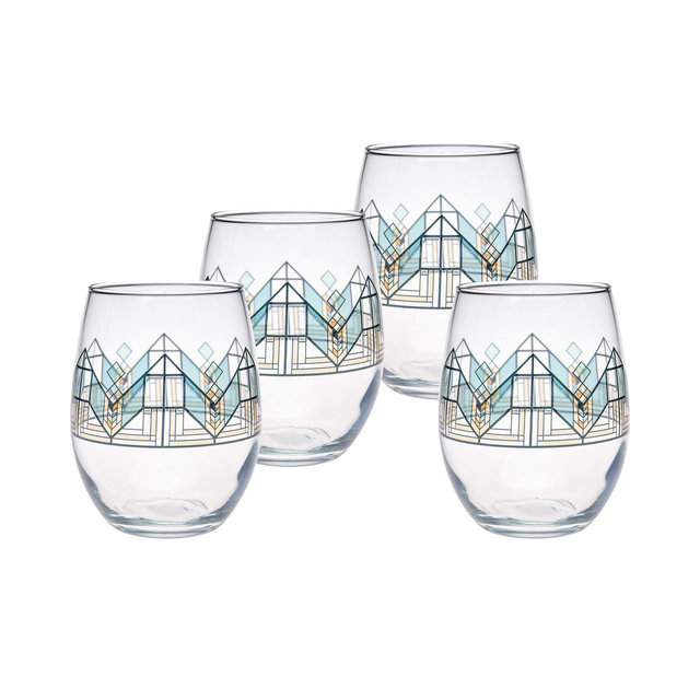 Frank Lloyd Wright Lake Geneva Tulip Stemless Wine Glasses, Set of 4