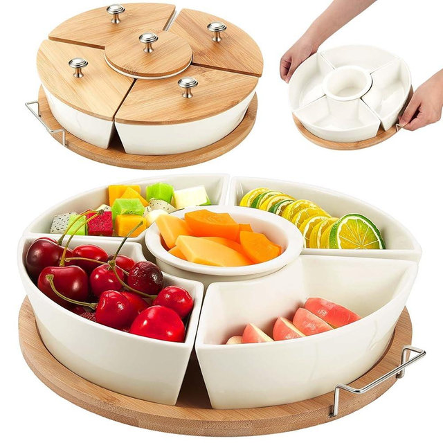 Rtteri 360° Rotatable Lazy Susan Serving Tray with Bowls 11.4'' Chip and Dip Serving Set, 5 Removable Compartment Divided Serving Dishes Ceramic Porcelain Taco Bar Platters and Trays for Party