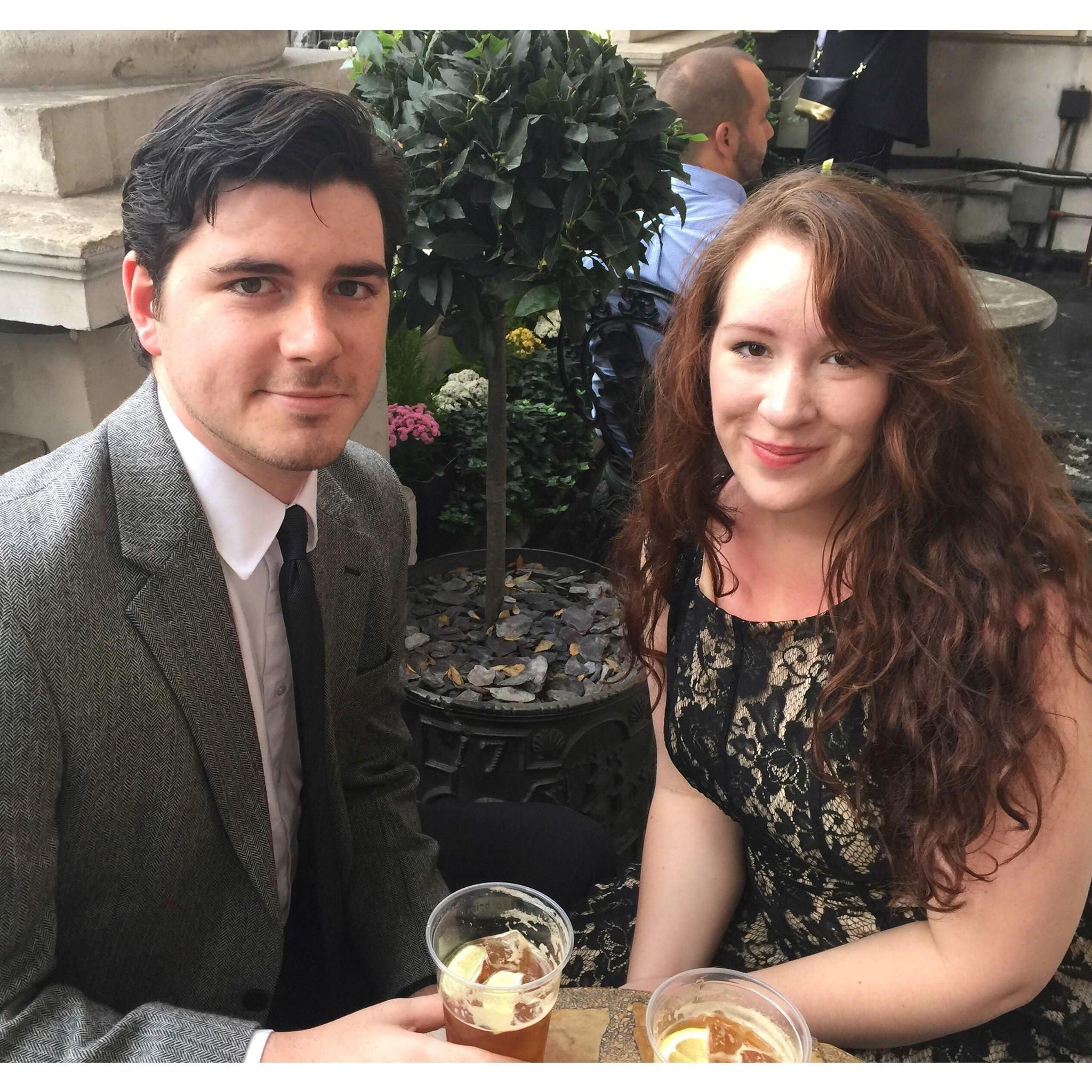 Enjoying our favorite British drink, Pimm's Lemonade, before seeing Phantom of the Opera