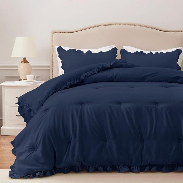 HARBOREST King Comforter Set Navy - Ruffle Comforter for King Size Bed, Fluffy King Size Comforter Set for All Seasons, 3 Pieces Shabby Chic Bedding Comforter Set(1 Comforter & 2 Pillow Shams)