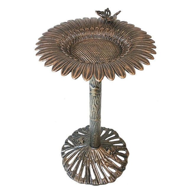 Oakland Living Round Cast Aluminum Metal 32-in Bronze Bird Bath with Butterflies and a Sunflower