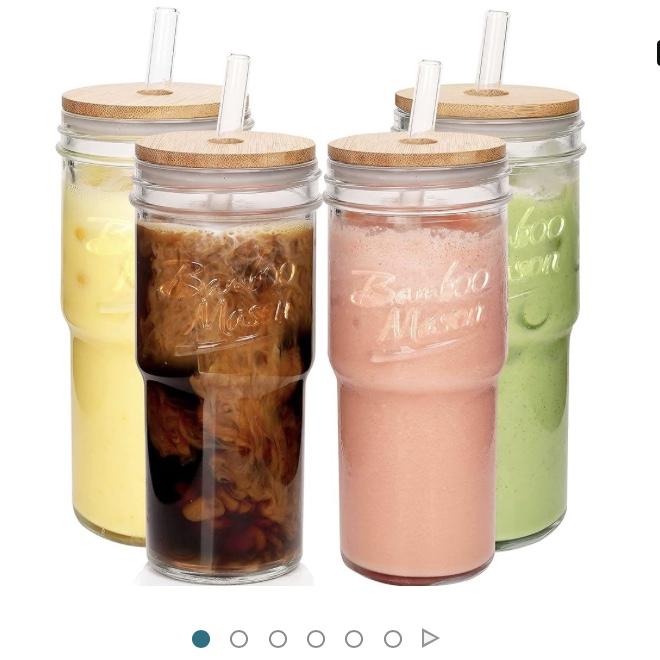 ANOTION Glass Cups with Lids and Straws 4 Packs, 24oz Travel Coffee Mug Wide Mouth Mason Jar Iced Coffee Smoothie Cup Glass Tumbler Tea/Boba Cup Clear Cute Water Cups Drinking Jars Glasses