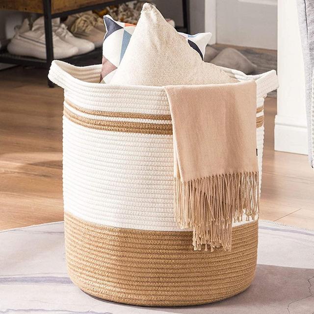 YOUDENOVA Large Laundry Hamper Basket, 16" x 18" Woven Cotton Jute Rope Basket with Handles for Clothes & Blanket & Toy in Living Room, White & Jute