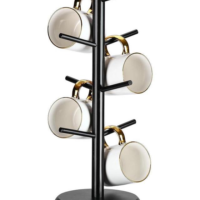 Lorbro Coffee Mug Tree with 8 Hooks, Mug Tree Stand, Bamboo Coffee Cup Holder, Countertop Mug Tree, Mug Stand Kitchen Organizer, Cafe Accessories Decor & Kitchen Organizer Storage Stand (Black)