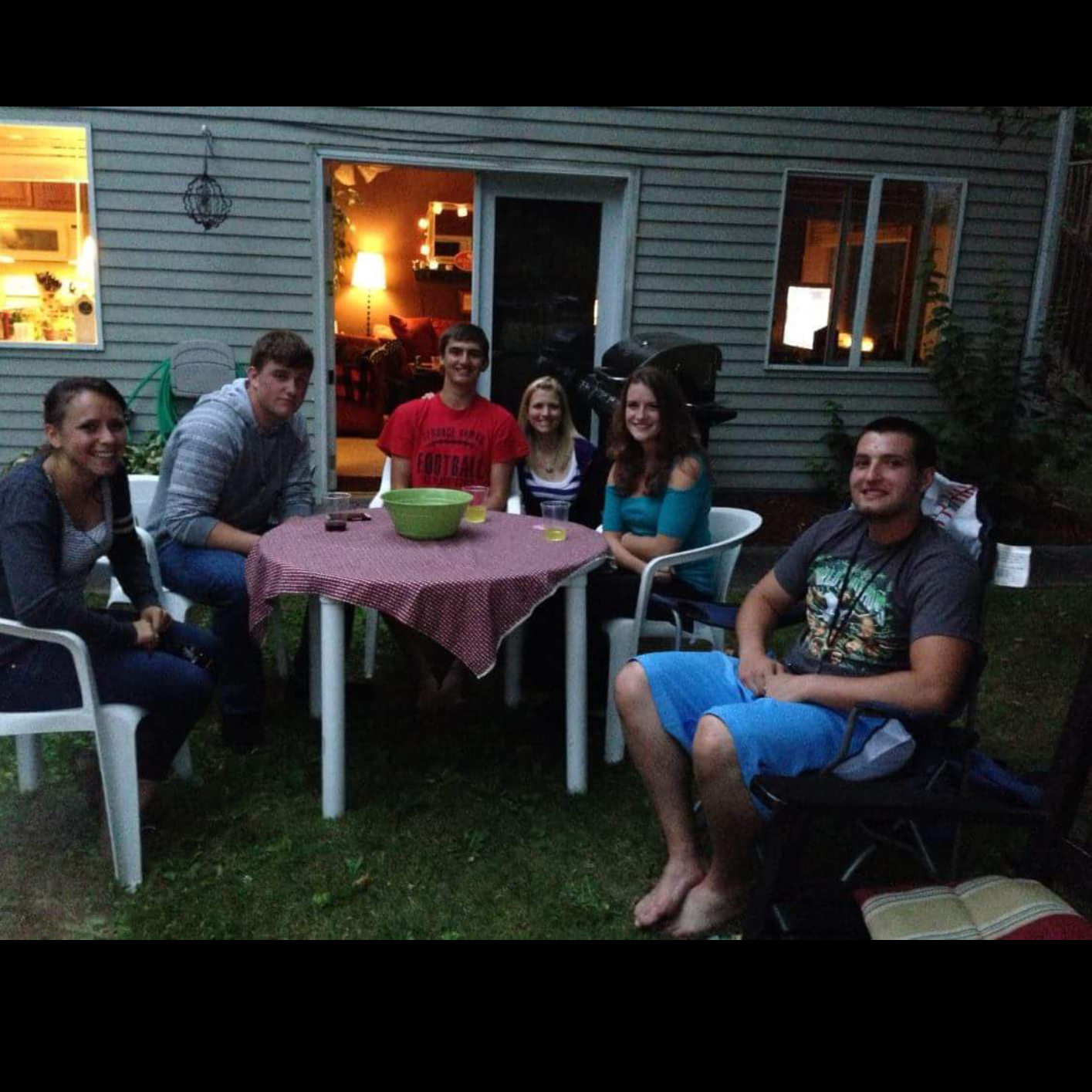This was the night James and I met! Taco night at Gabe's house. I'm in the light blue and James was wearing the grey sweater. Now just over 5 years later is our wedding day!
