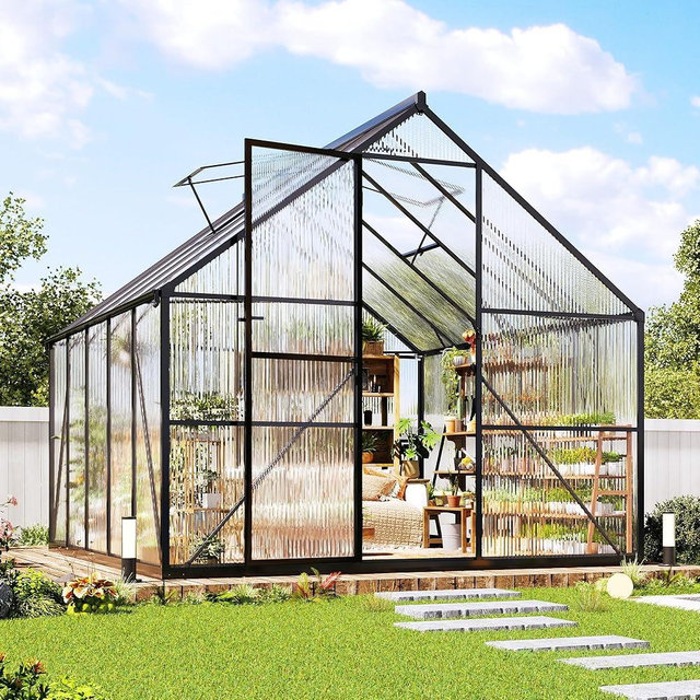 Jocisland 8x10Ft Polycarbonate Greenhouse, Heavy Duty Aluminum Frame with 2 Windows & Swing Doors, Outdoor Garden Greenhouses for Backyard, Black