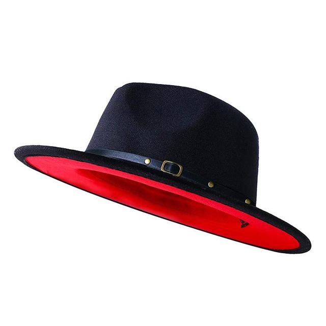 XINBONG Mens & Womens Black and Red Wide Brim Fedora Hat with Belt Buckle Band Two Tone Felt Panama Hat