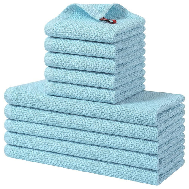 Homaxy 100% Cotton Kitchen Towels and Dishcloths Set, 12 x 12 Inches and 13 x 28 Inches, Set of 10 Bulk Kitchen Towels Set, Ultra Soft Absorbent Dish Cloths for Washing Dishes, Sky Blue