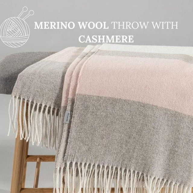 Organic merino wool throw, warm and cozy blanket for winter with cashmere, BEIGE WITH PINK, the perfect Christmas gift for mom, for wife.