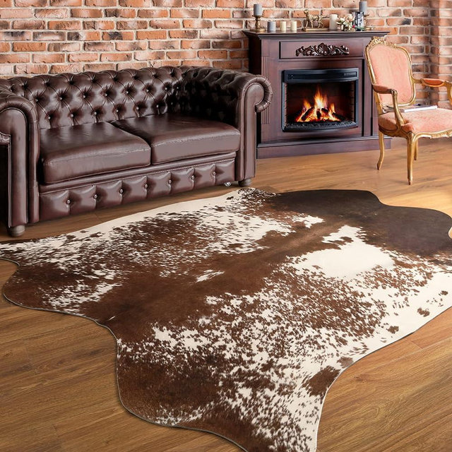Chicrug Exquisite Faux Fur Cowhide Rug, 4.6 x 5.2 Feet Cow Hide Western Room Decor Rug for Living Room Bedroom, Non Slip Cute Cow Animal Print Floor Carpet for Kids Family, White and Brown