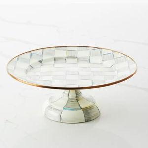 MACKENZIE-CHILDS Enamel Pedestal Platter, Round Cake Stand, Small, Gray-and-White Sterling Check