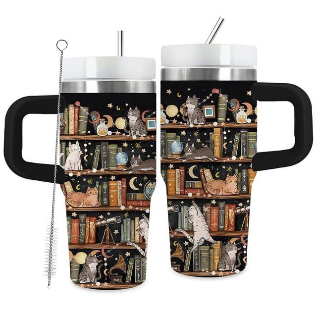 TNASURHUS Book Lovers Gifts, 14oz Library Cat Tumbler with Handle, Bookish Gifts for Readers Librarian, Birthday Gift for Women, Book Accessories Stainless Steel Travel Mug