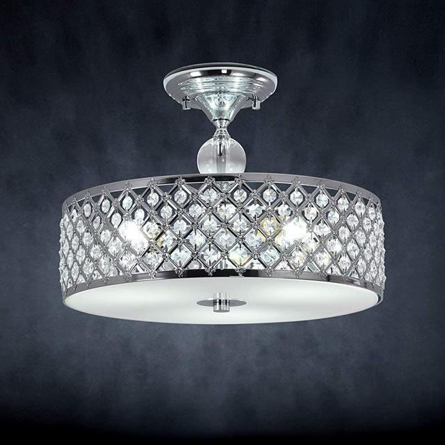 Corlaceling Round Crystal Shade Chandelier Black,Semi Flush Mount Ceiling Light Lighting Flush Mount LED Ceiling Light Fixture Drun Pendant Light