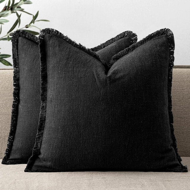 ANRODUO Set of 2 Decorative Throw Pillow Covers 26×26 Inch Soft Linen Fringe Farmhouse Boho Vintage Cushion Covers with Tassels Accent Pillowcase for Couch Sofa Bed Living Room Fall Decor Black
