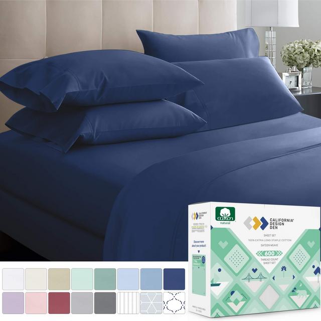True Blue- 600 Thread Count 4pc King True Blue Sheet Set - 100% Cotton Bedsheets for Bed - Extra Long Staple, Deep Pocket, Shrink Resistant Fabric, Soft Silky Sateen Weave, Fits Mattress 16'' Deep Pocket