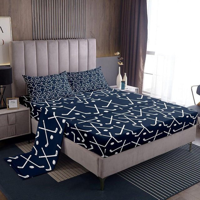 Feelyou Ice Hockey Bed Sheet Set Hockey Punk Sheets Set Full Size for Kids Boys Girls Teens Room Winter Sports Hobby Decor Sheets with Deep Pocket Fitted Sheet Blue White Bed Set 4Pcs