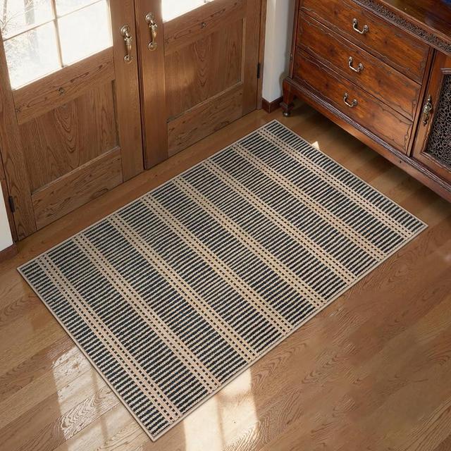 LIVEBOX Easy Jute Indoor Outdoor Rug 3x5 Front Porch, Black Striped Washable Outdoor Rugs for Entryway Living Room, Tan Non Slip Rug Geometri Carpet Door Mat for Entry Front Door, Kitchen, Bedroom