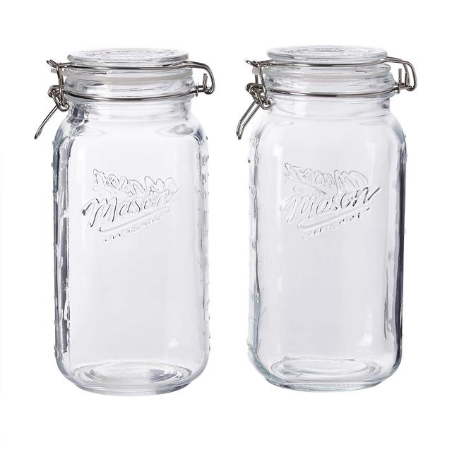Mason Craft More Airtight Kitchen Food Storage Clear Glass Clamp Jars, 2 Pack of 67 Ounce (2 Liter) Large Clamp Jar