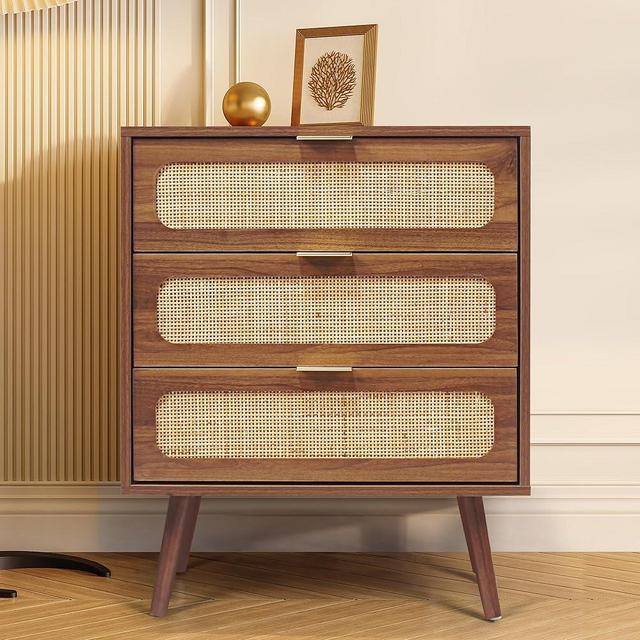 QHITTY Drawer Dresser, Rattan Chest of Drawers with 3 Drawers Dresser, Accent Storage Cabinet Modern Bedside Table for Living Room, Bedroom, Entryway (Walnut)