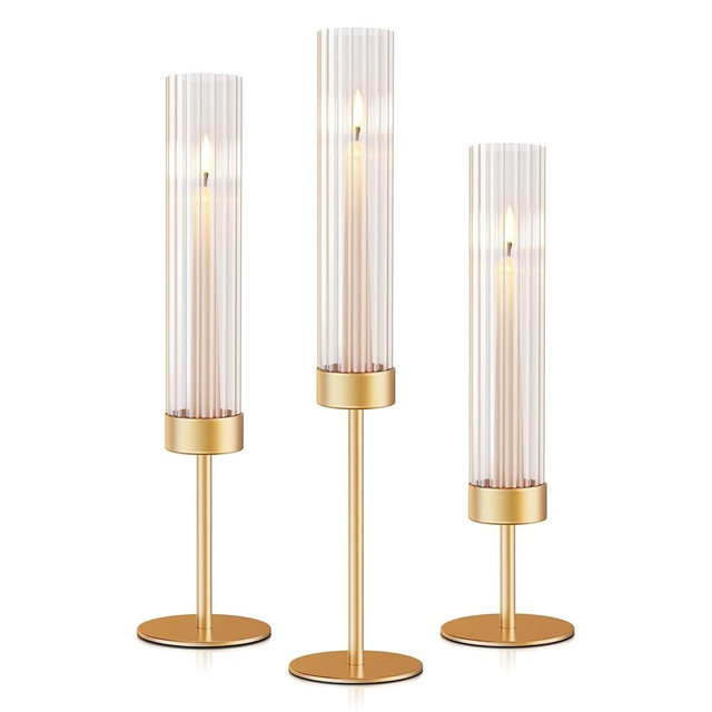 AZXTOPSEZ Gold Hurricane Candle Holders: Fluted Tall Candlestick Holders for Wedding Brass Taper Candle Holder Modern Candle Sticks Holder Decor for Table Centerpiece Christmas Party Home Set of 3