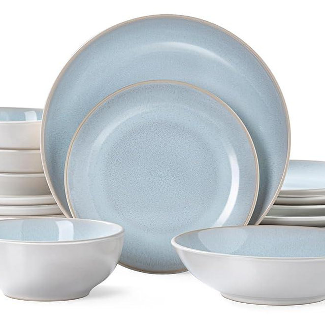Plates and Bowls Sets for 4 - CJDC-QUELO 16-Piece Stoneware Dinnerware Sets, Ceramic Dishware Set for Kitchen Use and Formal Dining, Chip and Scratch Resistant Microwave Dishwasher Safe, Off White