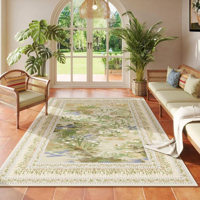 Rugcomf 4x6 Rug for Bedroom Impressionist-Style Vintage Washable Rugs Non Slip Low Pile Small Carpet for Bedside Kids Room Office Dining Room, Beige