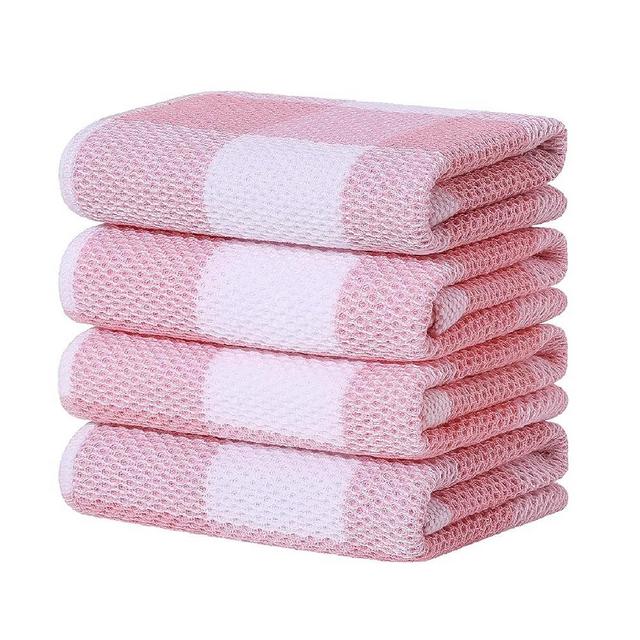 Homaxy 100% Cotton Waffle Weave Check Plaid Kitchen Towels, 13 x 28 Inches, Super Soft and Absorbent Dish Towels for Drying Dishes, 4-Pack, White & Pink