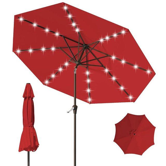 Tobeos 9FT Patio Umbrella with Solar Lights,Outdoor Market Umbrella with Tilt and Crank, LED Lighted Table Umbrella for Garden,Deck,Backyard,Pool,Beach