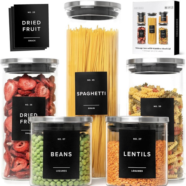 Glass Storage Containers with Black Lids [Extra Thick Glas] with 54 Labels - Canister For Pantry Noodles Flour Cereal Rice Sugar Tea Coffee Beans - Round Set of 5x