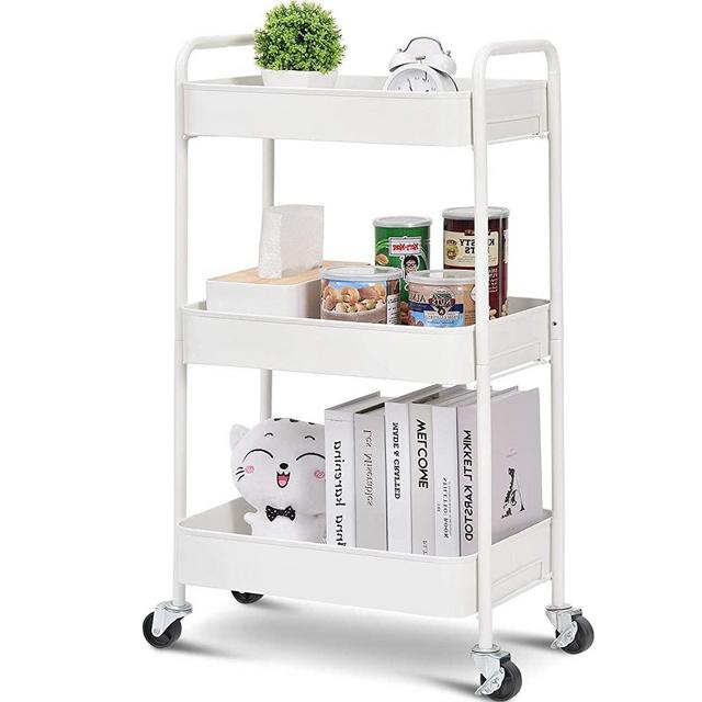 TOOLF 3-Tier Rolling Cart, Metal Utility Cart with Lockable Wheels, Storage Craft Art Cart Trolley Organizer Serving Cart Easy Assembly for Office, Bathroom, Kitchen, Kids' Room, Classroom (White)