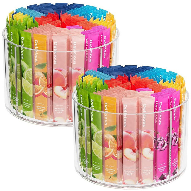 2-Pack Rotating Drink Mix Organizer, Spinning Drink Packet Holder, Clear Lazy Susan Turntable for Powdered Mixes, Divided Drink Storage Organizer