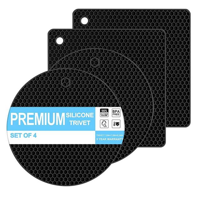 Premium Silicone Trivets for Hot Pots and Pans, Flexible Multipurpose Hot Pads Pot Holders, Heat Resistant Trivets for Hot Dishes, Soft Non-Slip Silicone Mat for Kitchen Counter, 4PCS (Black)