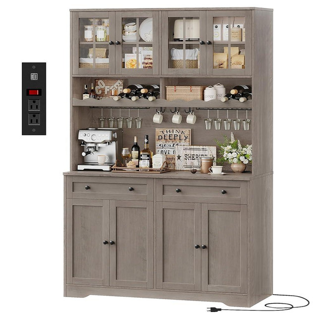 HOSTACK 75.4" Tall Kitchen Pantry Cabinet with Charging Station, Modern White Kitchen Hutch with Microwave Stand and Wine Rack, Large Food Pantry Storage Cabinet with Glass Doors and Drawers, Ash Gray