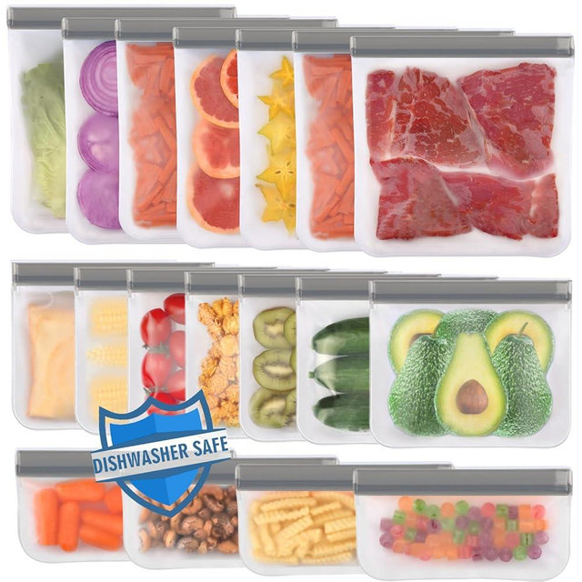 Lerine Dishwasher Safe Reusable Bags, Leakproof Reusable Freezer Bags, BPA Free Food Storage Bags for Lunch Marinate Food Travel (Grey, 18 Pack-7 Gallon 7 Sandwich 4 Snack)