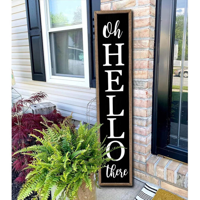 Surfapans Oh Hello There Welcome Sign For Front Porch Standing 45"X9" Tall Wood Frame Outdoor Vertical Decor for Farmhouse Rustic Large Modern Home Outside Front Door Wall Decorations (Wood Black)