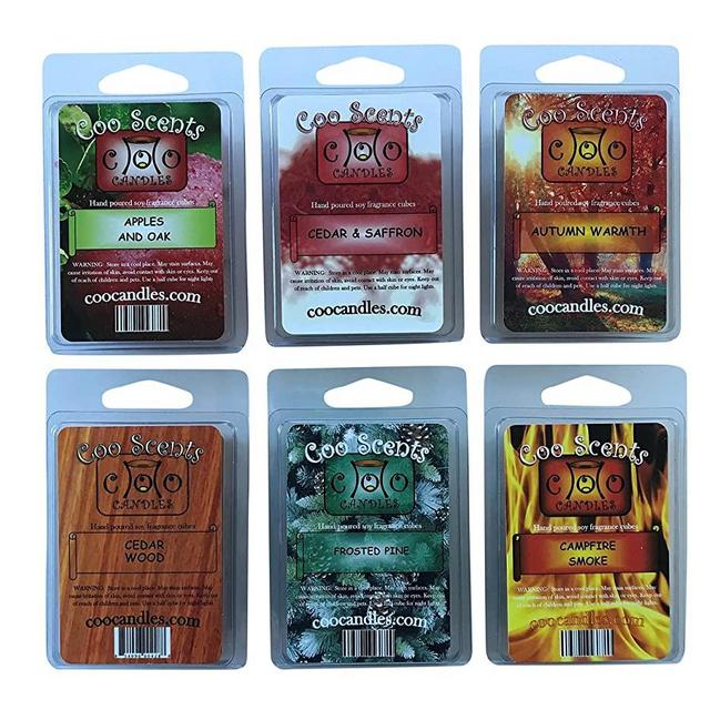 6 Pack Soy Blend Candle Wax Bar Melts - Woodsy Outdoor Pack - Cedar Wood, Cedar & Saffron, Campfire Smoke, Apples & Oak, Frosted Pine, Autumn Warmth