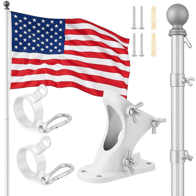 American Flag with Pole for Outside House – 6FT Aluminum Flagpole Kit with Wall Mount Bracket – Includes 3x5 US Flag Made in USA – Durable Outdoor Flag and Pole