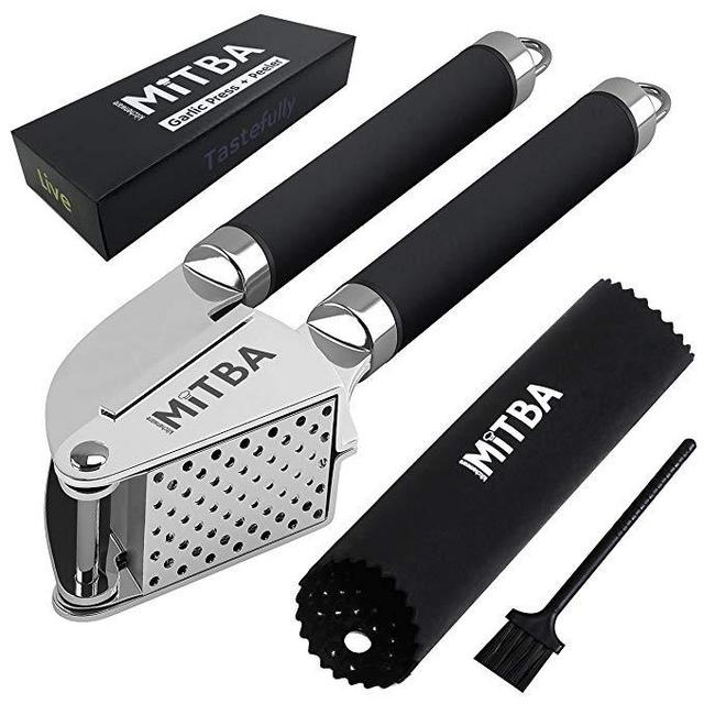 Garlic Press – Best Professional Stainless Steel Gadget By MiTBA. User-Friendly, Easy To Clean And Highly Durable. Silicone Tube Peeler + Cleaning Brush Included. Show The Garlic Who's The Boss