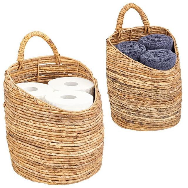 mDesign Woven Banana Bark Hanging Wall Storage Basket for Flowers & Essentials, Decorative Boho Mounted Organizer for Pantry, Closet, Bathroom, and The Door - Set of 2 - Natural/Tan