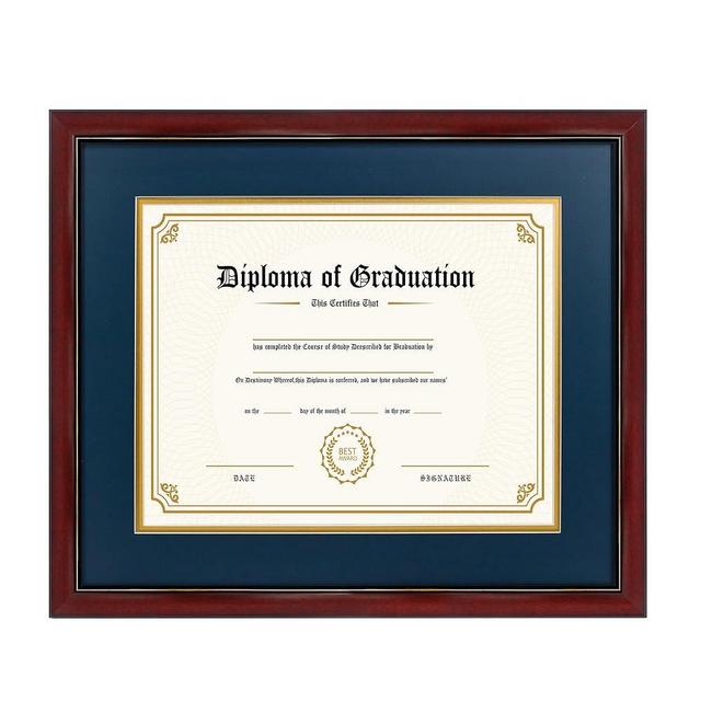 GraduatePro 11x14 Diploma Frame with Navy over Gold Mat or Display 15x18 Certificate without Mat, Solid Wood & UV Protection Acrylic, Cherry Finish with Gold Trim