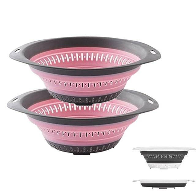 Collapsible Colander and Strainer,Silicone Strainer Colanders & Food Strainers,for Vegetable and Fruit, Kitchen Essentials (2, Pink, 2.5L+2.5L)