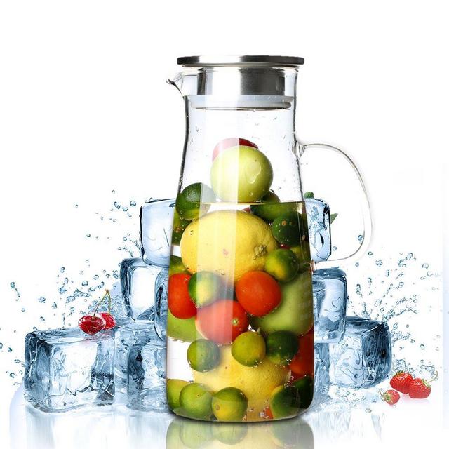 Cupwind 50 Ounces Glass Pitcher with Stainless Steel Lid, Water Carafe/Jug with Handle, Hot/Cold Water/Beverage/ Juice and Iced Tea Pitcher