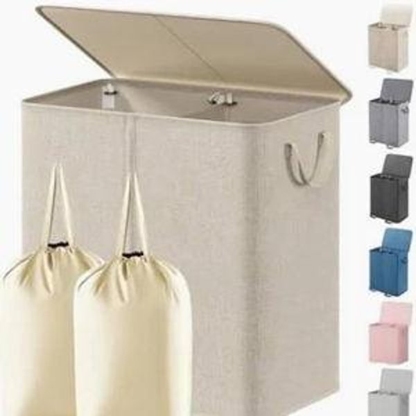 Lifewit Double Laundry Hamper with Lid and Removable Laundry Bags, Large Collapsible 2 Dividers Dirty Clothes Basket with Handles for Bedroom Laundry Room Closet Bathroom College, 155L Beige