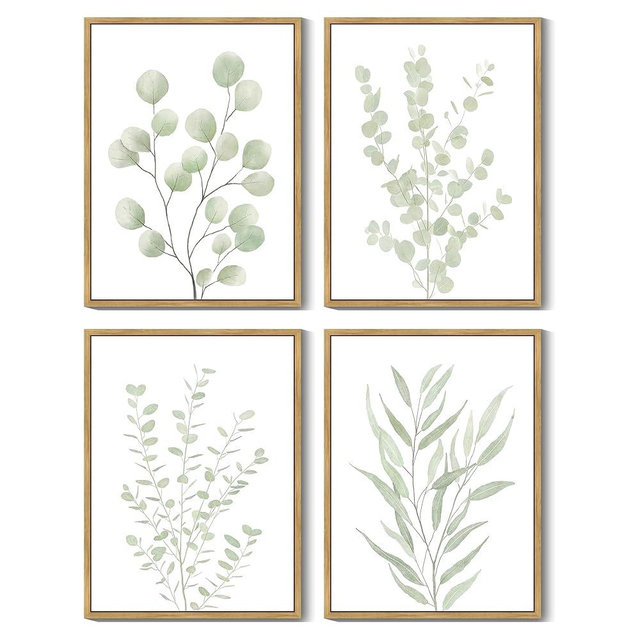 Drsoum Botanical Plant Framed Wall Art Boho Wall Decor for Bathroom Sage Green Eucalyptus Leaf Prints Minimalist Aesthetic Ready to Hang Set of 4, 11x14 in (Natural Framed)
