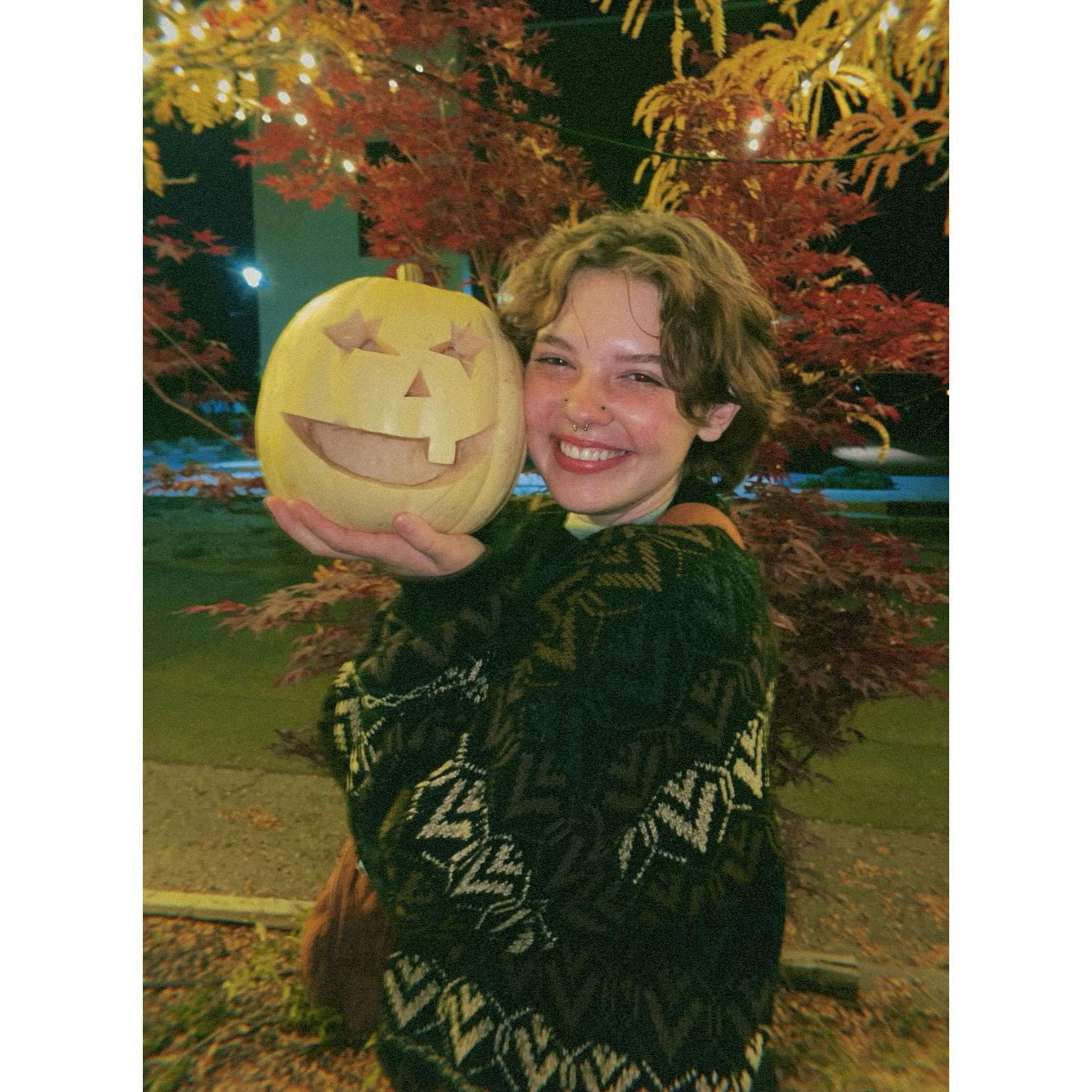 We carved pumpkins with friends together this night! Reed's pumpkin started with two teeth, but lost one along the way.