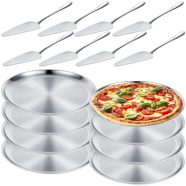 Thenshop 16 Pcs 12 in Pizza Oven Pan and Server Set 8 Stainless Steel Pizza Baking Pan Trays 8 Spatula Server Round Pie Baking Sheet Cake Serving Tableware for Oven Kitchen party supplies