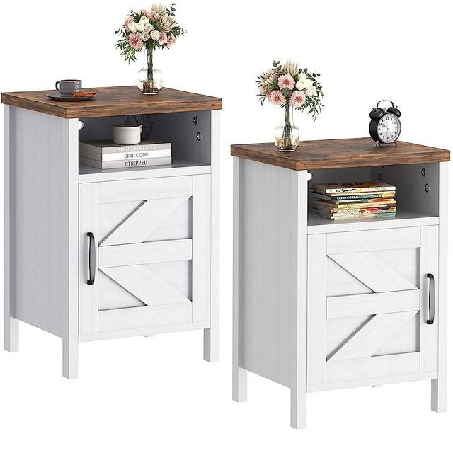 JUMMICO Farmhouse Nightstand, Modern Bedside Table Set of 2 with Barn Door and Shelf, Rustic End Table Side Table for Bedroom, Living Room (White)