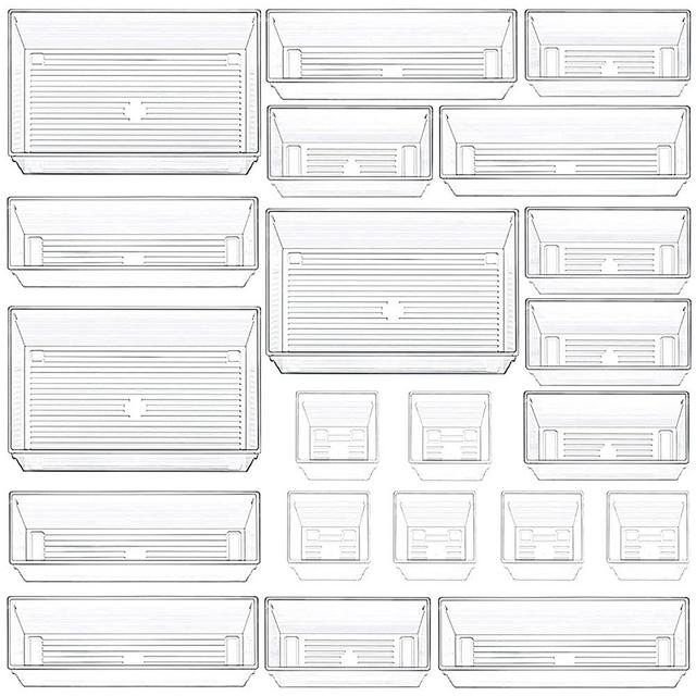 21 Pcs Clear Plastic Drawer Organizers, 4 Size Vanity Organizer Dividers for Desk, Makeup, Jewelries and Kitchen Utensils