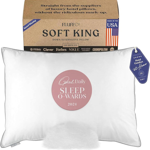 FluffCo Zen Fluff Pillows - Down Alternative King Size Pillow - Bed Pillow for Sleeping Made in USA - Luxury Hotel-Quality Pillow - 100% Cotton, 300 Thread Count (King Size Soft 1 Pack)